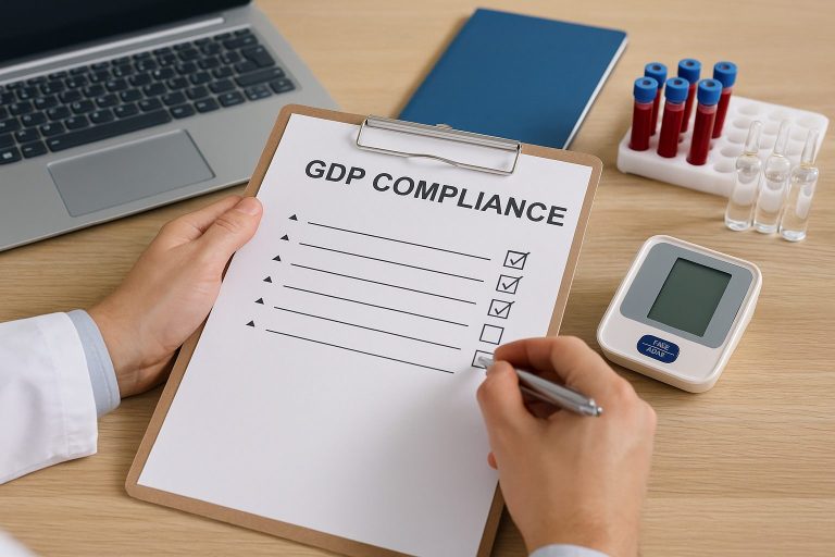 Close-up of a person in a white lab coat reviewing a GDP compliance checklist for biologics logistics. The clipboard shows several checked boxes, with vials, ampoules, a laptop, and a notebook neatly arranged on a wooden desk, symbolizing quality control.