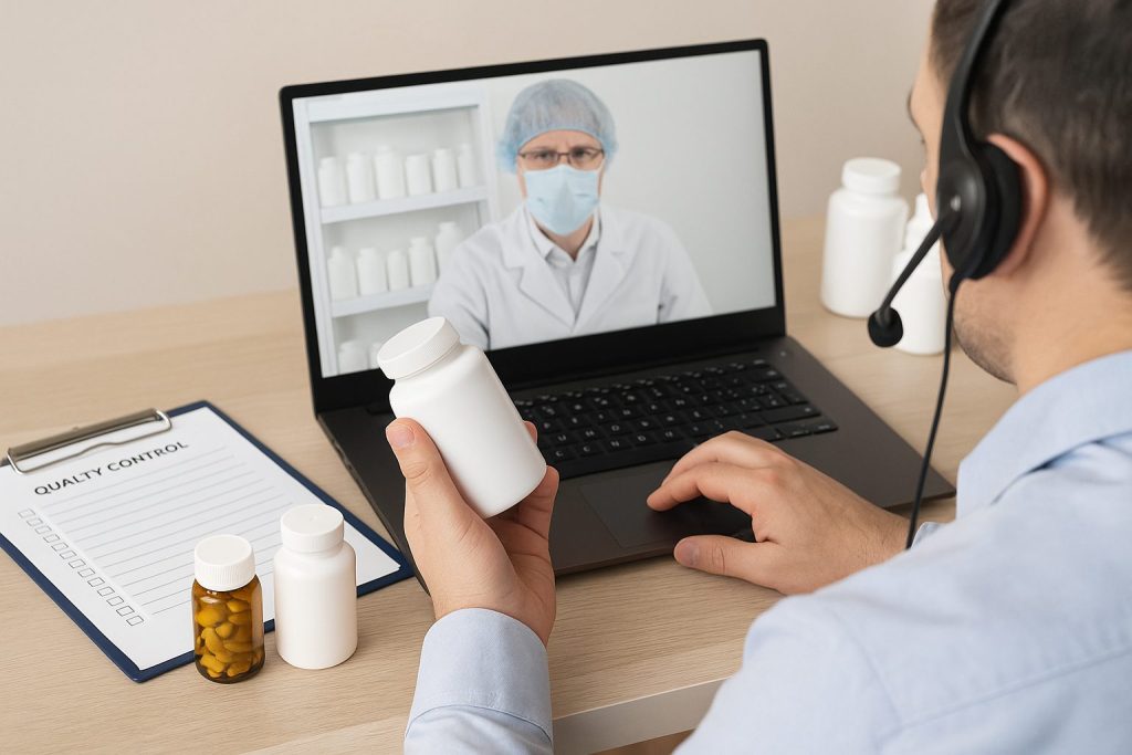 Person on video call with FDA inspector, holding supplement bottle for virtual inspection, with quality control checklist on desk.