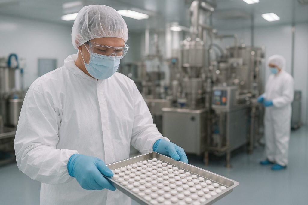 Pharmaceutical worker in protective gear inspecting a tray of tablets inside a clean, sterile GMP-compliant manufacturing facility.