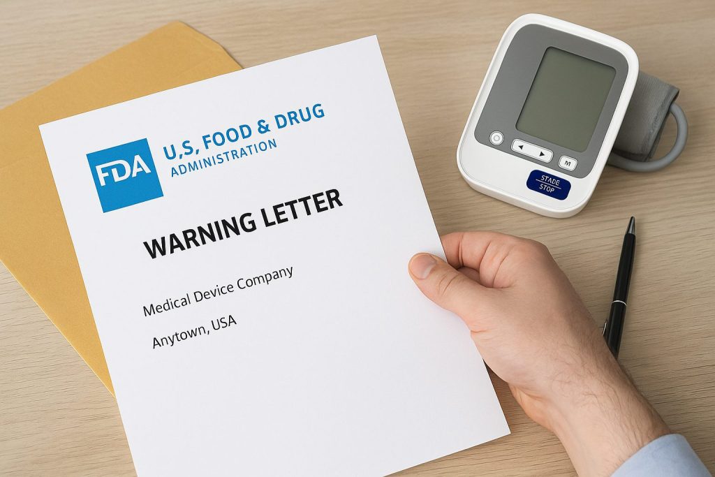 Close-up of a person holding an FDA warning letter addressed to a medical device company, with a blood pressure monitor and pen on the desk.
