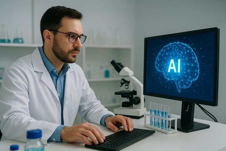 Scientist in a lab coat works on a computer displaying AI graphics, surrounded by test tubes and a microscope in a modern pharmaceutical lab.