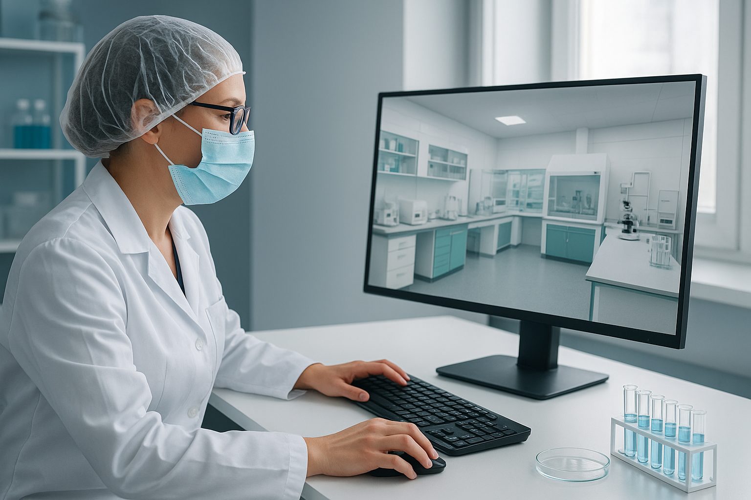 A scientist wearing a lab coat, hairnet, mask, and glasses works on a computer displaying a 3D model of a laboratory. The setting illustrates virtual lab environments supporting GxP compliance in pharmaceutical and biotech industries.