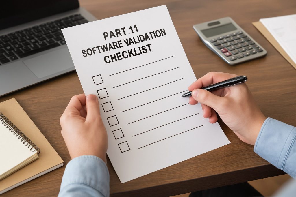 Close-up of a person holding a printed "Part 11 Software Validation Checklist" while sitting at a wooden desk. The person holds a pen, ready to check off items. A laptop, spiral notebook, calculator, and documents are arranged neatly, symbolizing compliance planning.