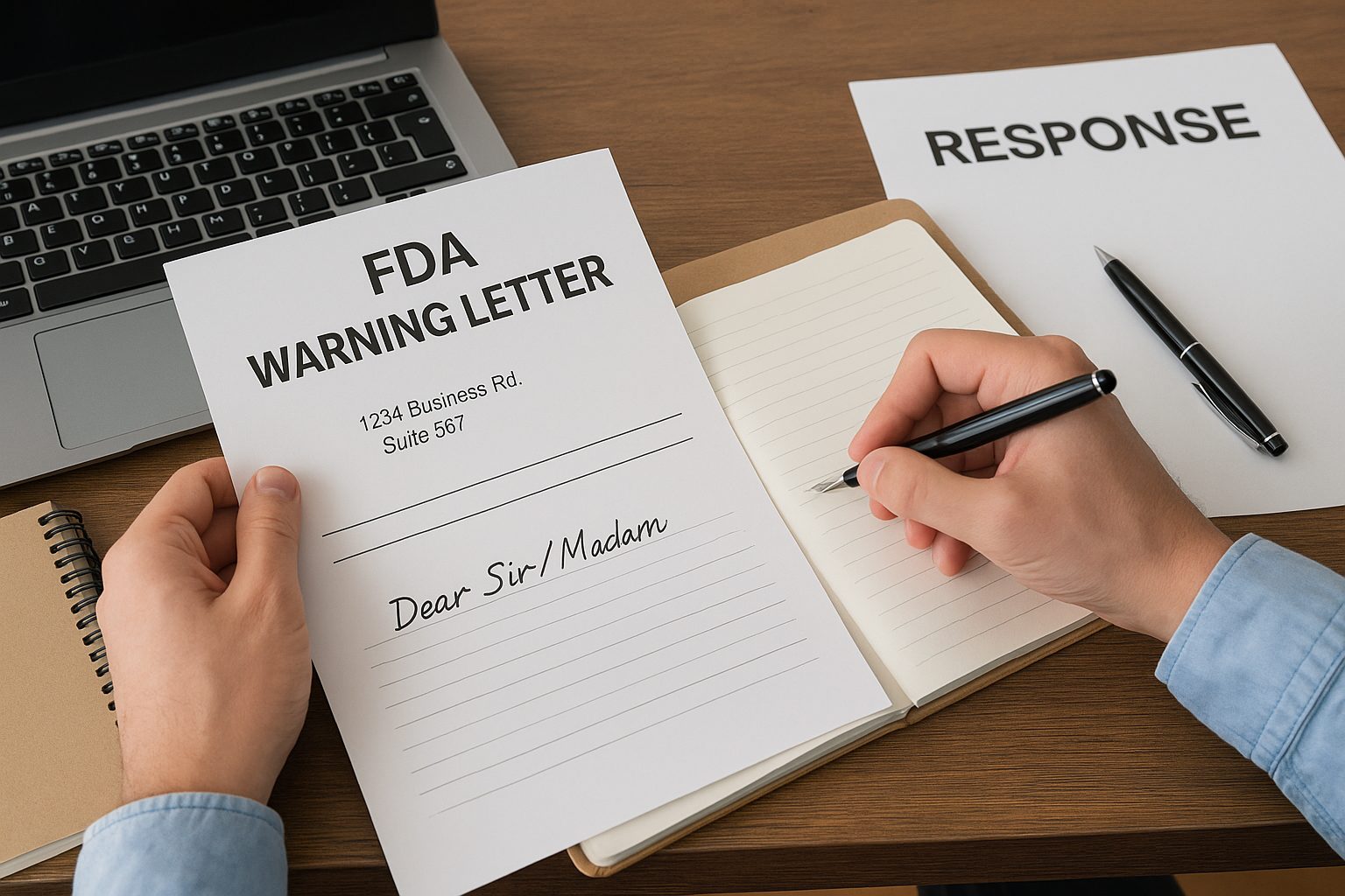Person holding an FDA warning letter while preparing a written response at a wooden desk. A laptop, notebook, pen, and a document labeled “RESPONSE” are neatly arranged, symbolizing strategy and timely communication.