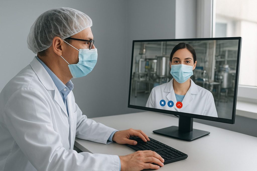 A male scientist in protective gear participates in a remote FDA inspection via video call with a female inspector on his computer screen, symbolizing the shift to virtual regulatory practices during and after COVID-19.