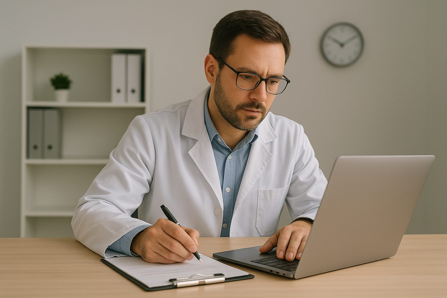 A professional in a white lab coat prepares for a virtual FDA inspection, focused on his laptop while taking notes on a clipboard at a wooden desk in a clean office environment with shelves and a wall clock.