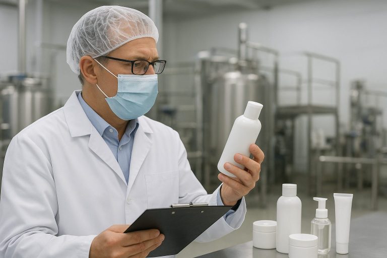 An FDA inspector in a white lab coat, mask, and hairnet examines a cosmetic bottle inside a clean production facility, holding a clipboard to record observations during a compliance audit for cosmetic manufacturers.