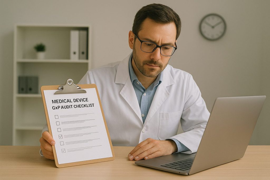 A male professional in a white lab coat reviews a medical device GxP audit checklist while working on a laptop in a modern office, highlighting preparation, compliance, and inspection readiness for 2025.