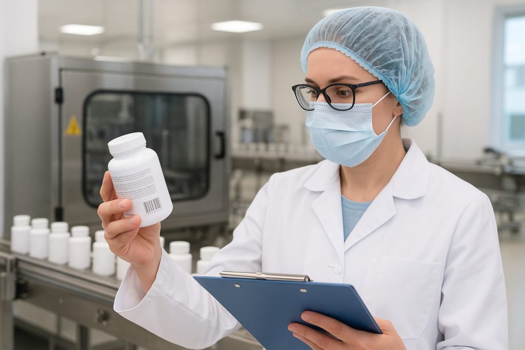 A female FDA inspector in a lab coat, mask, and hairnet reviews a cosmetic product label while holding a clipboard in a modern facility, symbolizing the 2025 FDA cosmetic labeling requirements and compliance checks.