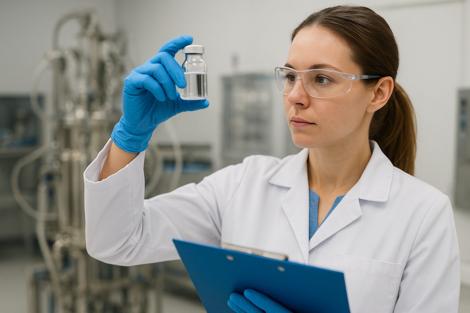 Female scientist in a white lab coat and safety glasses examining a vial in a biologics laboratory.