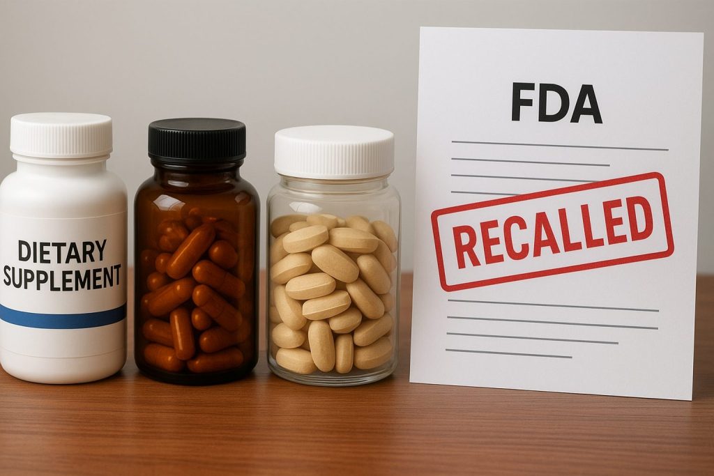 Dietary supplement bottles next to an FDA recall paper with a red recalled stamp.
