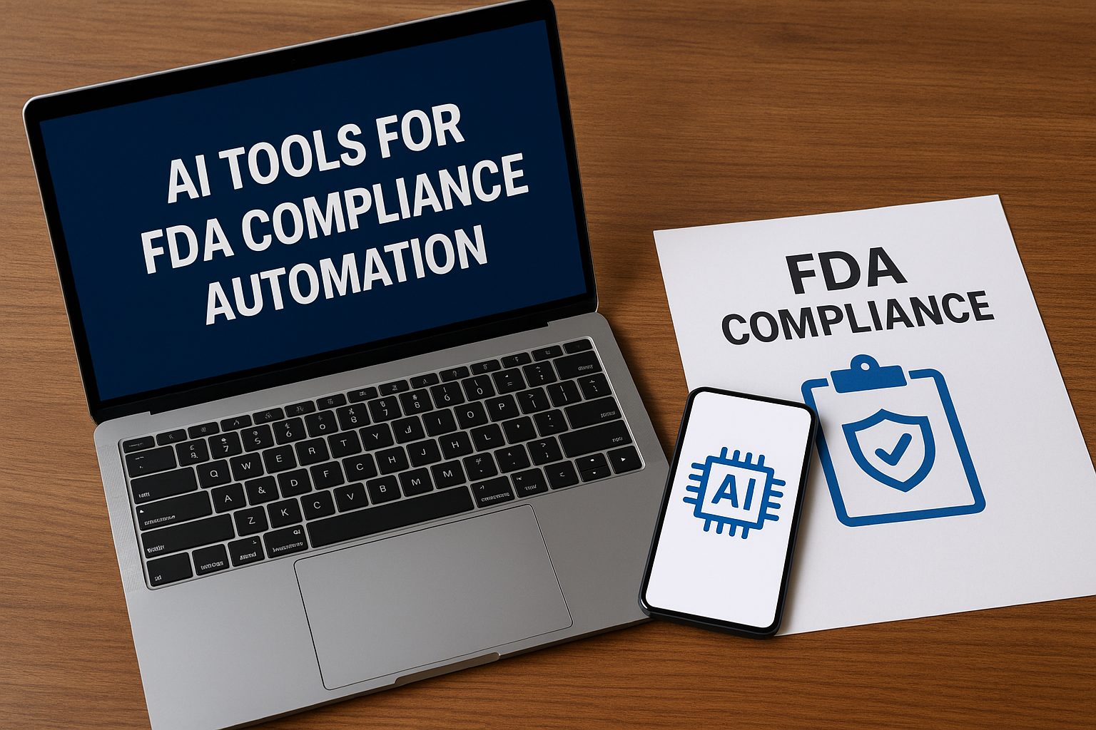 Laptop, smartphone with AI icon, and FDA compliance paper on a wooden desk.