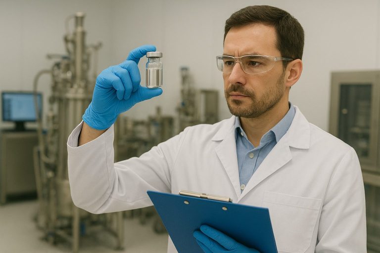 Male scientist in a white lab coat and safety glasses inspecting a vial of liquid in a pharmaceutical laboratory.