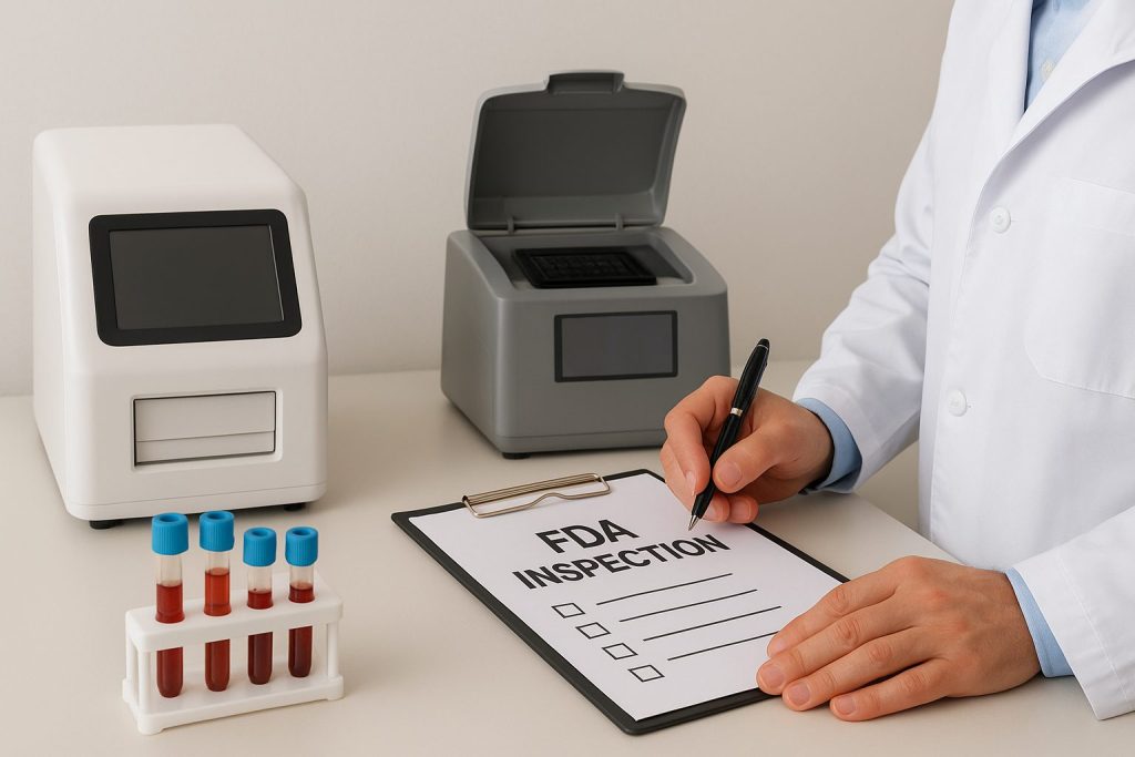 Medical professional in a white lab coat writing on an FDA inspection checklist, with in vitro diagnostic machines and blood sample test tubes arraMedical professional in a white lab coat writing on an FDA inspection checklist, with in vitro diagnostic machines and blood sample test tubes arranged on a laboratory desk.nged on a laboratory desk.