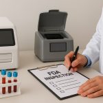 Medical professional in a white lab coat writing on an FDA inspection checklist, with in vitro diagnostic machines and blood sample test tubes arraMedical professional in a white lab coat writing on an FDA inspection checklist, with in vitro diagnostic machines and blood sample test tubes arranged on a laboratory desk.nged on a laboratory desk.