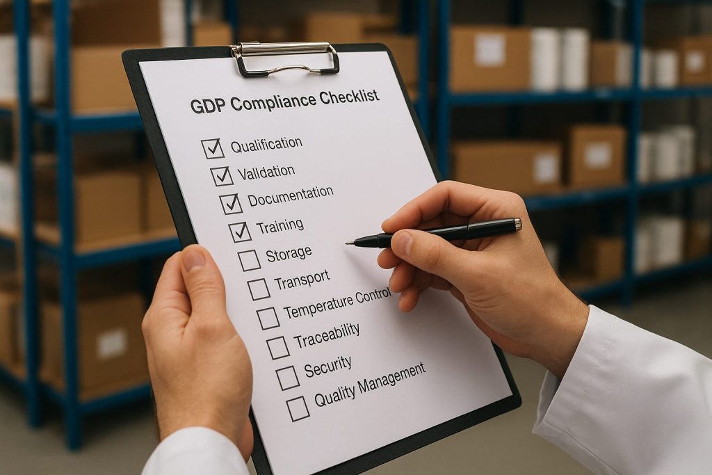 Person in a white lab coat holding a clipboard with a GDP compliance checklist, reviewing items with a pen inside a pharmaceutical warehouse.
