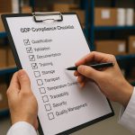 Person in a white lab coat holding a clipboard with a GDP compliance checklist, reviewing items with a pen inside a pharmaceutical warehouse.