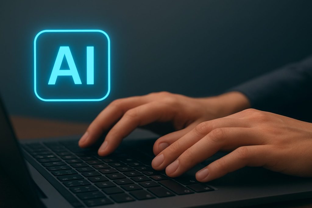 Hands typing on a laptop with a glowing AI icon, illustrating artificial intelligence and compliance in technology.