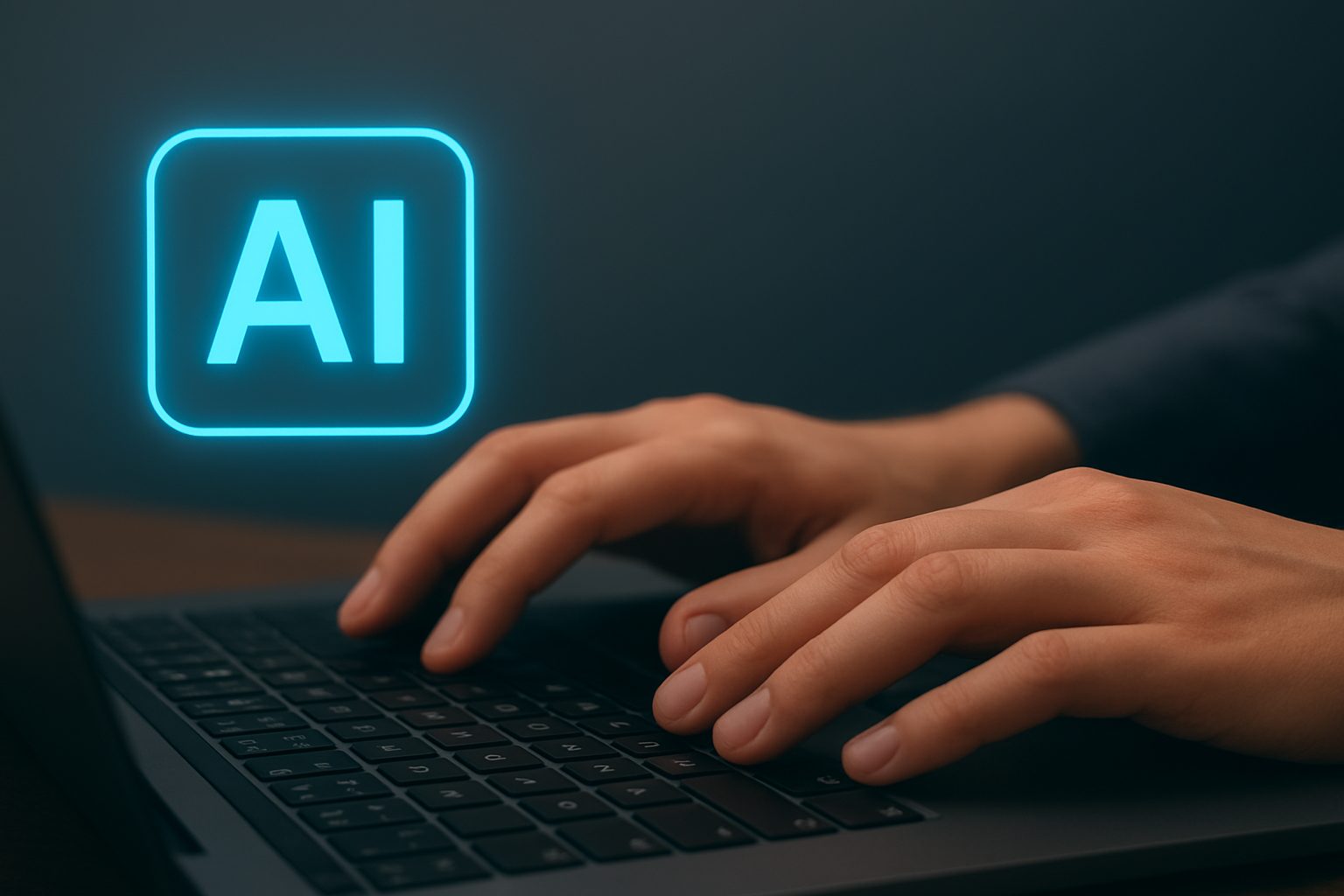 Hands typing on a laptop with a glowing AI icon, illustrating artificial intelligence and compliance in technology.