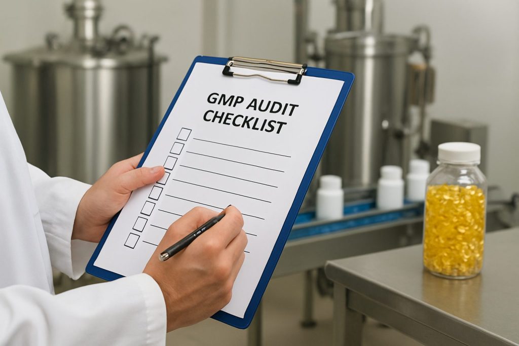 Auditor holding a checklist clipboard during a GMP audit at a dietary supplement manufacturing facility.