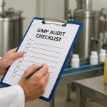 Auditor holding a checklist clipboard during a GMP audit at a dietary supplement manufacturing facility.