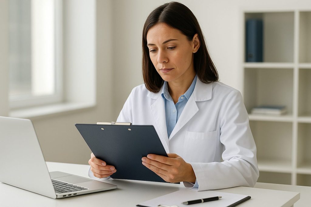 Woman in a lab coat reviewing documents on a clipboard at a desk with a laptop, preparing for an FDA inspection.