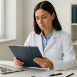 Woman in a lab coat reviewing documents on a clipboard at a desk with a laptop, preparing for an FDA inspection.