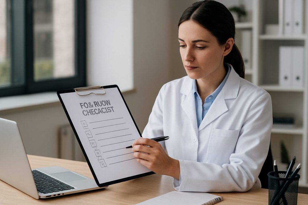 Woman in a lab coat reviewing a checklist on a clipboard at a desk with a laptop, symbolizing a mock FDA audit preparation.
