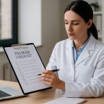 Woman in a lab coat reviewing a checklist on a clipboard at a desk with a laptop, symbolizing a mock FDA audit preparation.