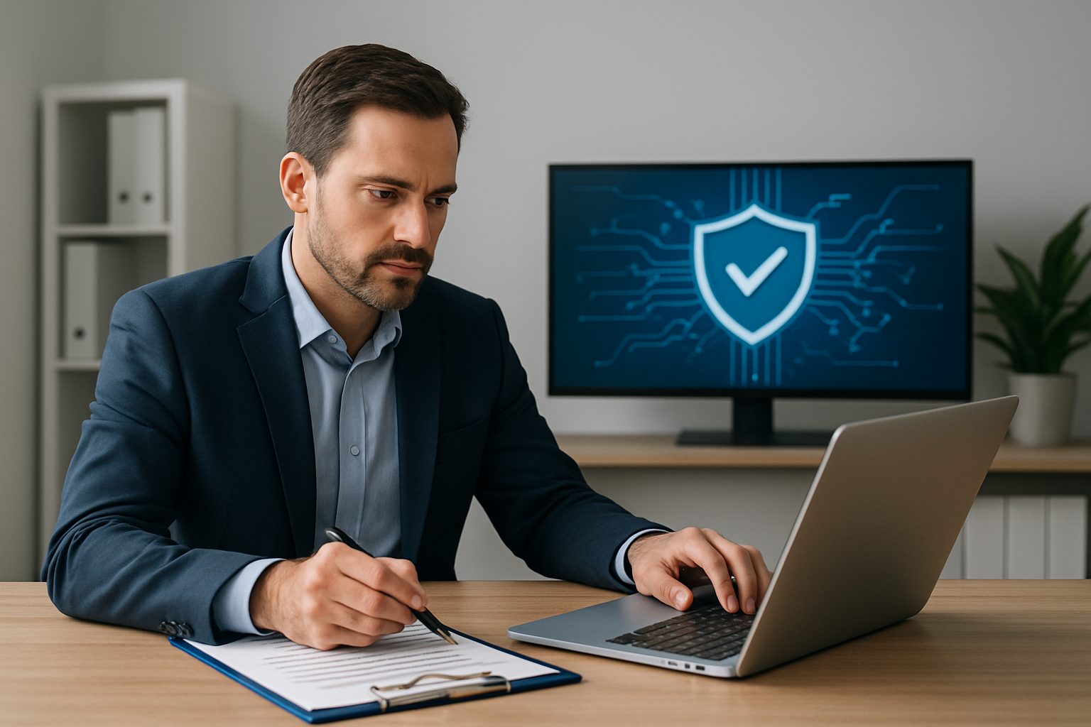 Man in a suit working on a laptop with a compliance checklist and a monitor showing a digital security icon, representing FDA compliance risks in automation.