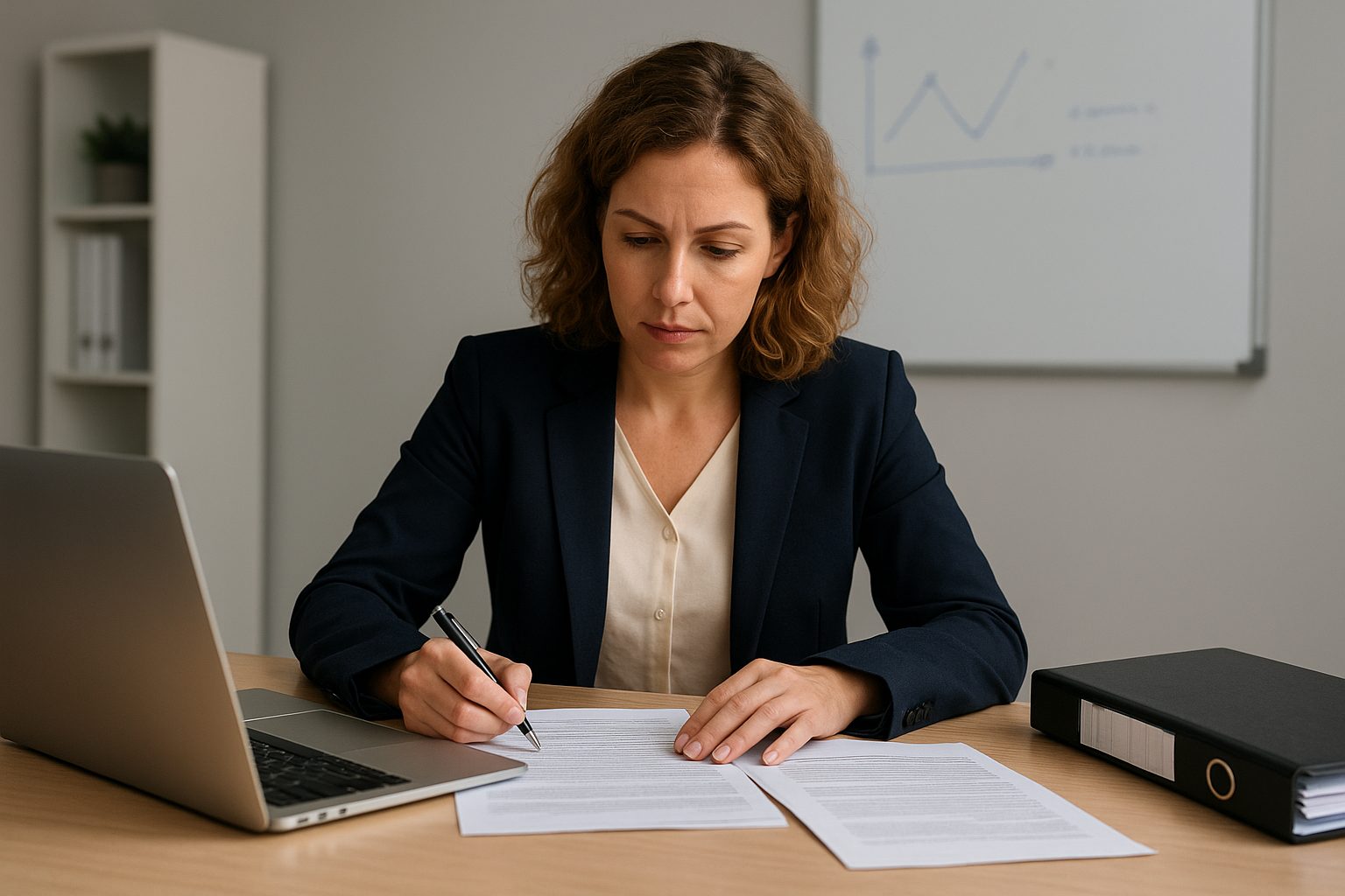 Woman in a navy blazer reviewing and signing documents at her desk with a laptop and binder.