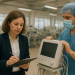 Female auditor with a clipboard observing a masked technician examining a medical device in a manufacturing facility.
