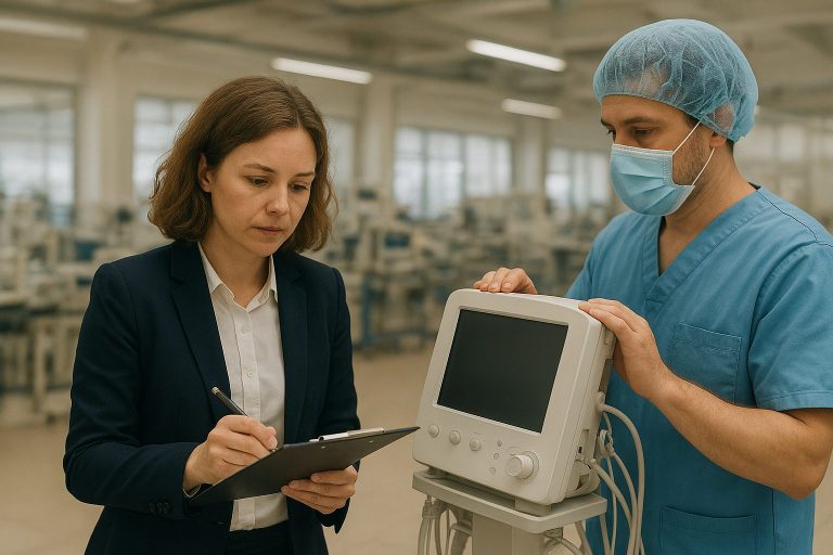 Female auditor with a clipboard observing a masked technician examining a medical device in a manufacturing facility.