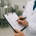 Inspector in a lab coat holding a checklist clipboard during a GMP audit in a pharmaceutical facility.