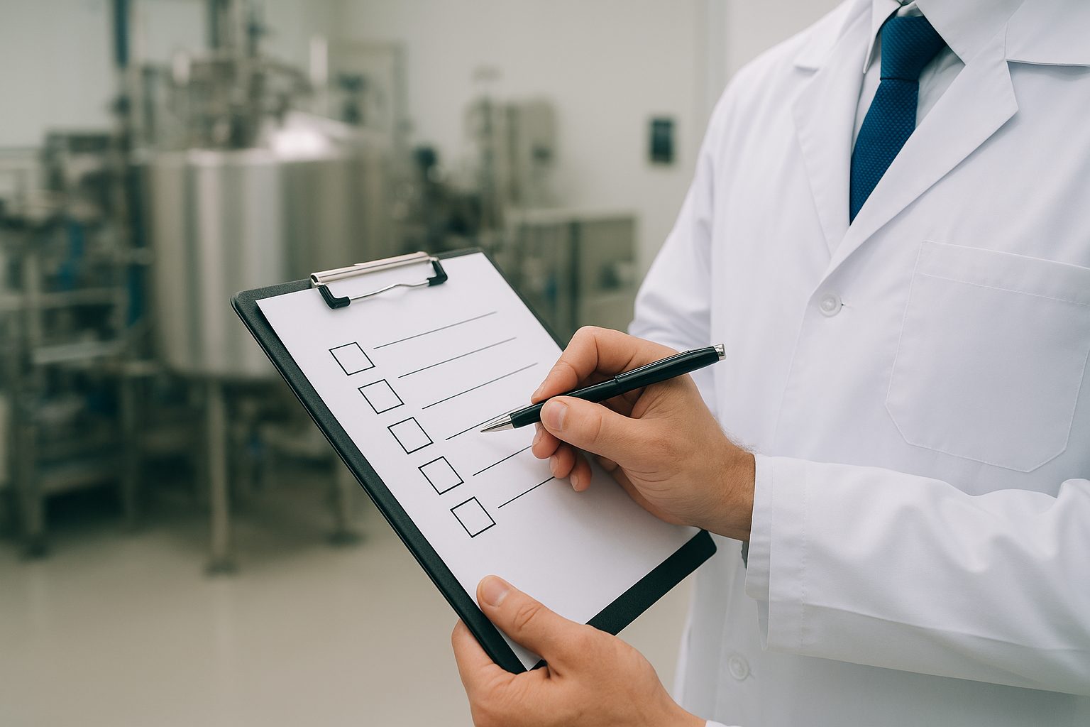 Inspector in a lab coat holding a checklist clipboard during a GMP audit in a pharmaceutical facility.