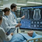 Medical professionals using high-tech digital monitoring and diagnostic displays to ensure medical device quality and patient safety during a clinical assessment.