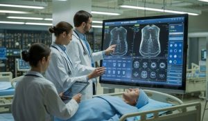 Medical professionals using high-tech digital monitoring and diagnostic displays to ensure medical device quality and patient safety during a clinical assessment.