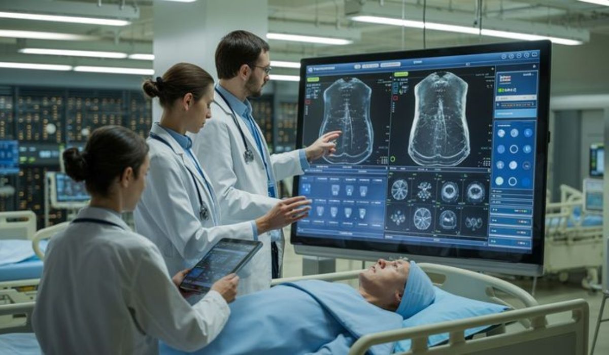 Medical professionals using high-tech digital monitoring and diagnostic displays to ensure medical device quality and patient safety during a clinical assessment.