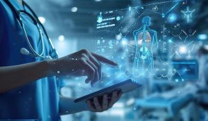 Healthcare professional using a tablet to monitor human anatomy data via a digital interface.