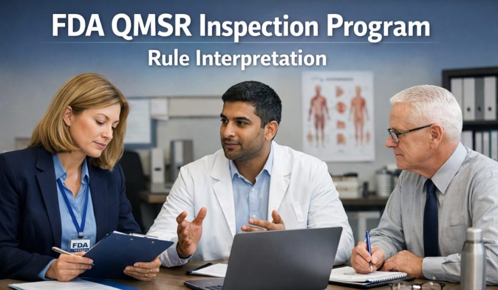 A woman FDA inspector, a male company representative, and a senior man discuss documents during an FDA QMSR inspection program. The scene takes place in a modern office, with documents and a laptop on the table.