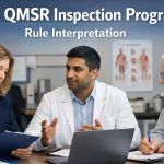 A woman FDA inspector, a male company representative, and a senior man discuss documents during an FDA QMSR inspection program. The scene takes place in a modern office, with documents and a laptop on the table.