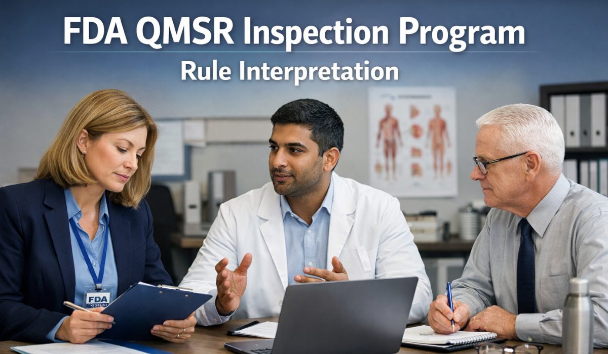 A woman FDA inspector, a male company representative, and a senior man discuss documents during an FDA QMSR inspection program. The scene takes place in a modern office, with documents and a laptop on the table.