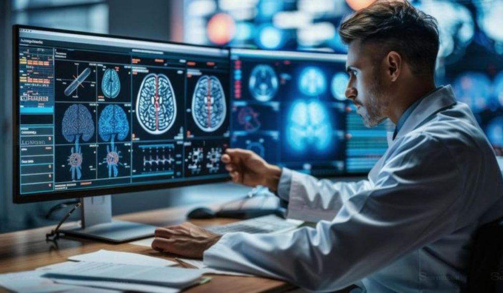A scientist in a lab coat analyzes medical imaging data on multiple computer screens, displaying brain scans and diagnostic information in a high-tech lab setting.