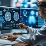 A scientist in a lab coat analyzes medical imaging data on multiple computer screens, displaying brain scans and diagnostic information in a high-tech lab setting.