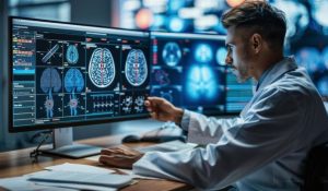 A scientist in a lab coat analyzes medical imaging data on multiple computer screens, displaying brain scans and diagnostic information in a high-tech lab setting.