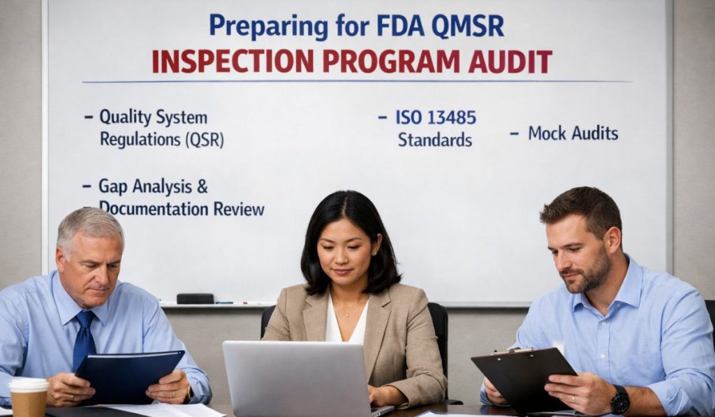 Three professionals in business attire sit around a conference table, reviewing documents and preparing for an FDA QMSR Inspection Program Audit. A whiteboard behind them lists key topics like Quality System Regulations (QSR), ISO 13485 standards, gap analysis, and mock audits.