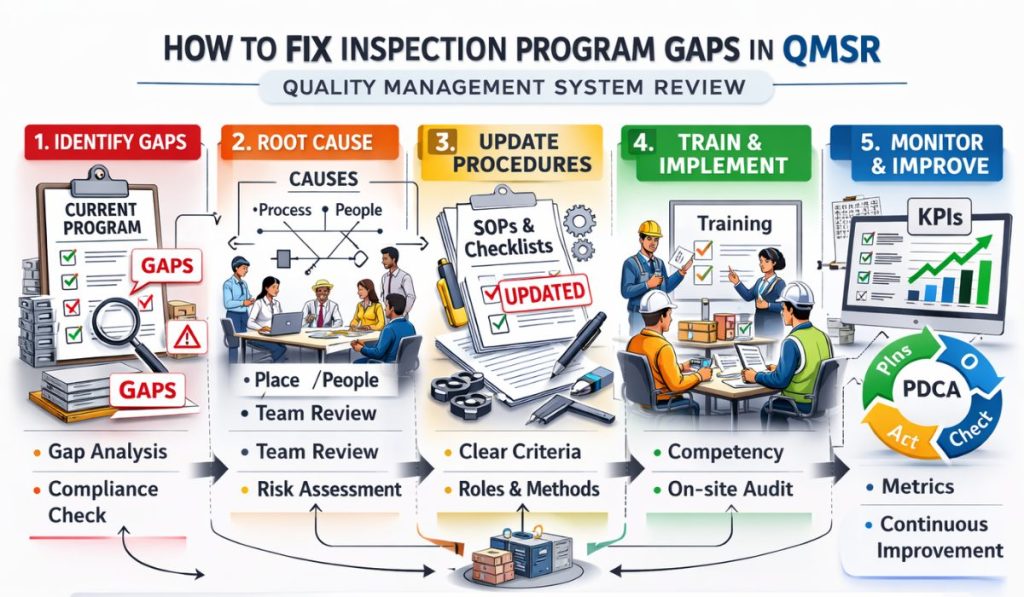 An infographic outlining the steps to fix inspection program gaps in Quality Management System Reviews (QMSR), including identifying gaps, analyzing root causes, updating procedures, training staff, and monitoring progress for continuous improvement.
