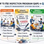 An infographic outlining the steps to fix inspection program gaps in Quality Management System Reviews (QMSR), including identifying gaps, analyzing root causes, updating procedures, training staff, and monitoring progress for continuous improvement.