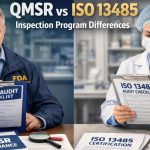 A comparison of the QMSR and ISO 13485 inspection programs, featuring two professionals. On the left, an FDA auditor reviews a QMSR audit checklist, while on the right, a healthcare professional examines an ISO 13485 audit checklist. The background includes lab equipment and documentation relevant to each program.