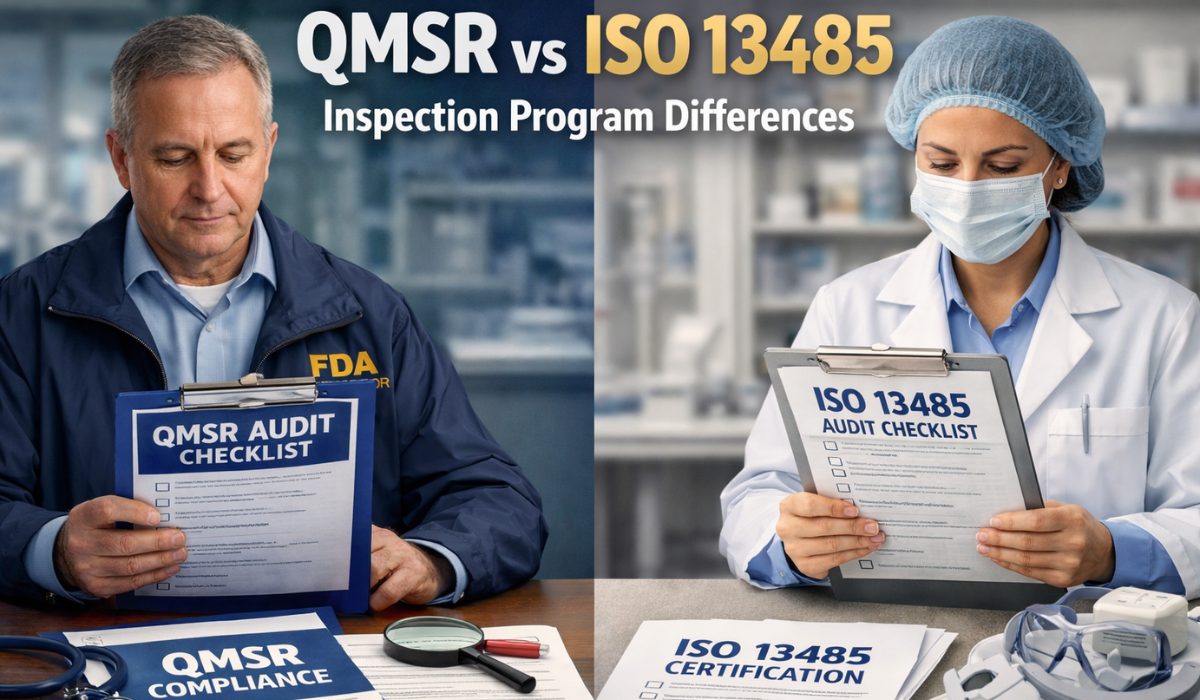 A comparison of the QMSR and ISO 13485 inspection programs, featuring two professionals. On the left, an FDA auditor reviews a QMSR audit checklist, while on the right, a healthcare professional examines an ISO 13485 audit checklist. The background includes lab equipment and documentation relevant to each program.